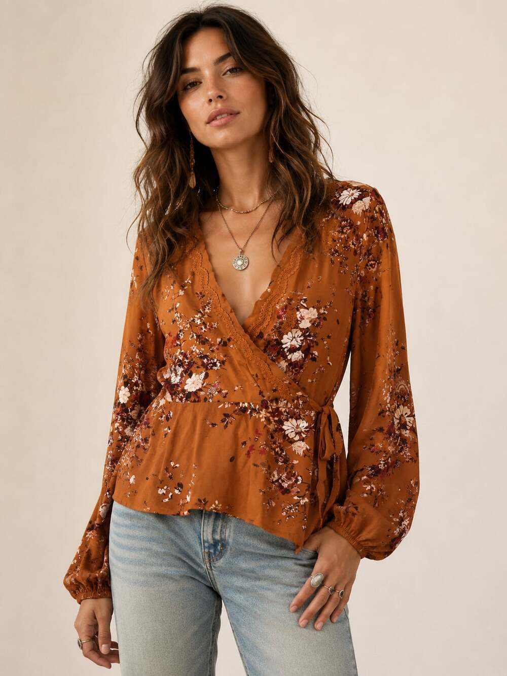 Maurices Floral Print Long Sleeve Wrap Blouse